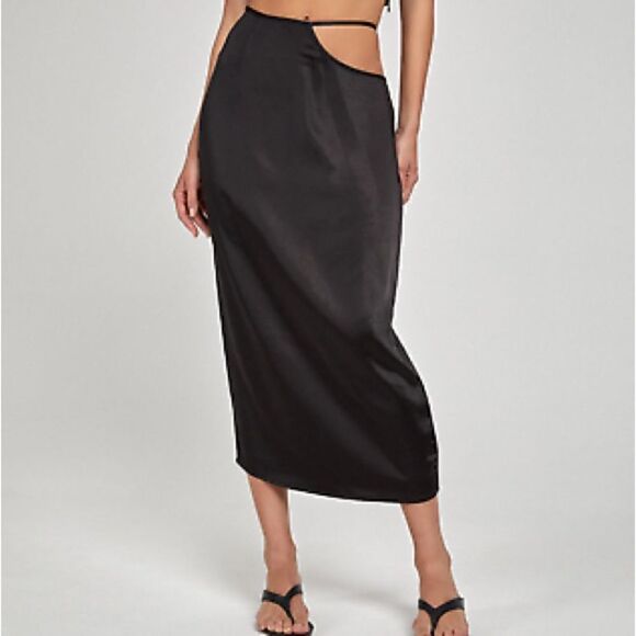 NWOT Motel Gardy Black Satin Long Midi Skirt w Side Waist Cut Out Dolls Kill - Picture 1 of 9